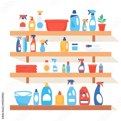 Vector illustration of shelf with cleaners organized practical on white background, home storage