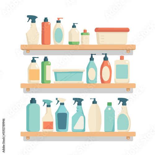 Vector illustration of shelf with cleaners organized practical on white background, home storage