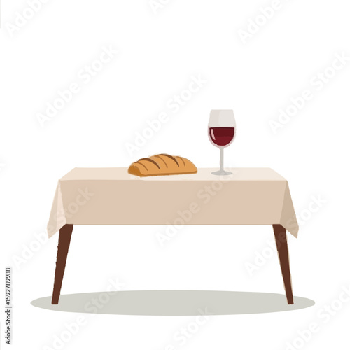 Vector illustration of table with bread and wine sketch style on white background, religious use