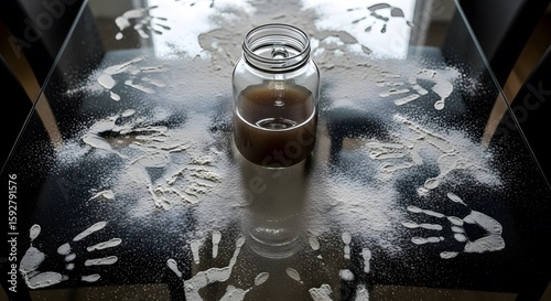 Overhead shot of a glass container containing brown liquid centered on a clear glass table surrounded by white powder and handprints. Dark room with soft lighting.