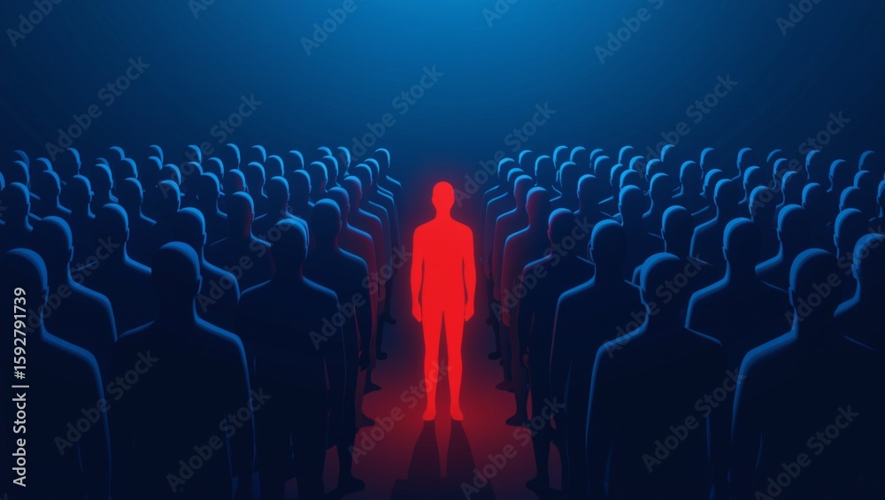 Fototapeta premium Stand Out from the Crowd Concept – Red Individual Among Blue Figures in Spotlight.
