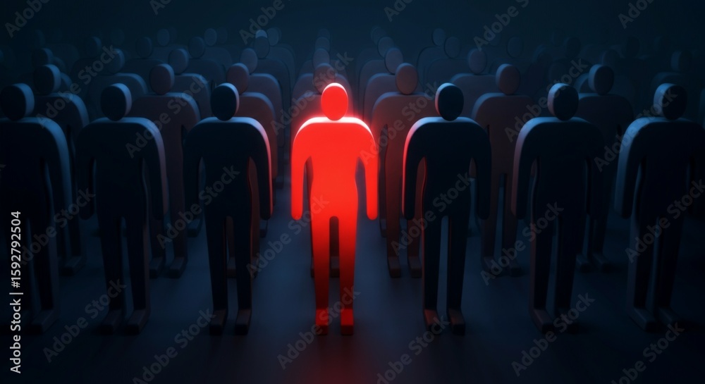 Fototapeta premium Stand Out from the Crowd Concept – Red Individual Among Blue Figures in Spotlight.