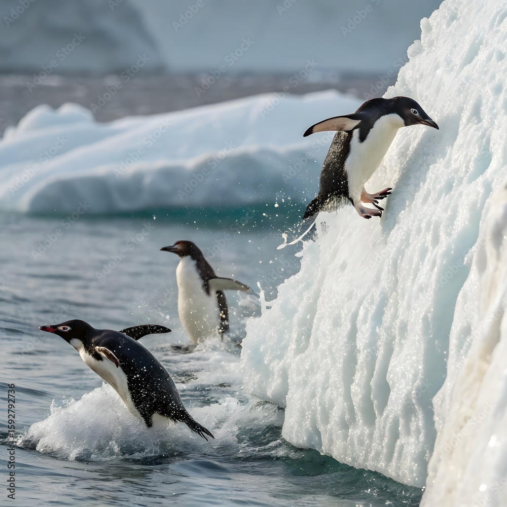 Fototapeta premium Adelie Penguin, pygoscelis adeliae, Group Leaping into Ocean, Paulet Island in Antarctica