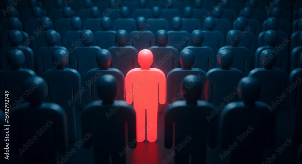 Obraz premium Stand Out from the Crowd Concept – Red Individual Among Blue Figures in Spotlight.