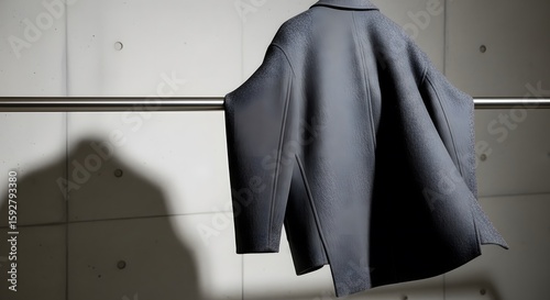 Gray coat hanging on a metal rod against a textured concrete wall with directional lighting emphasizing the garment texture. Monochromatic style.