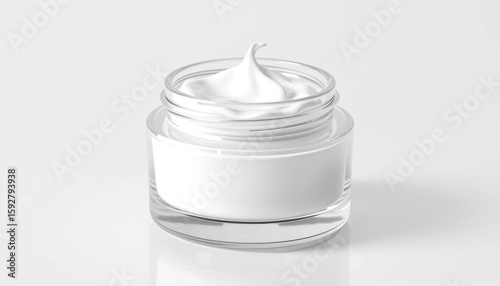 Elegant glass jar filled with luxurious white cream on a clean surface