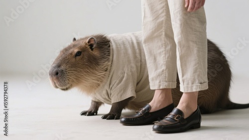 An adorable capybara wearing a t-shirt stands next to a person in stylish loafers and linen pants, creating a unique and charming fashion statement in studio shot .