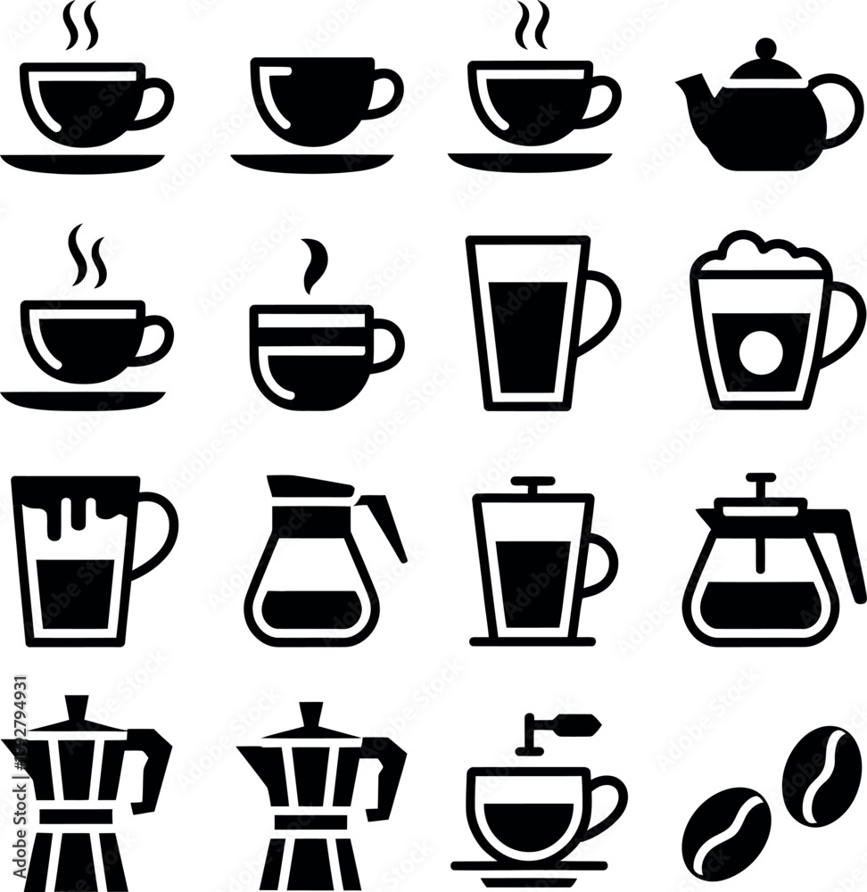 Collection of black coffee and tea icons on white background teapot Collection of black coffee and tea icons on white background teapot