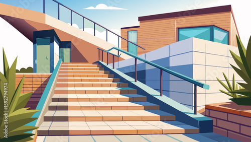 Outdoor staircase leading to rooftop with minimalist railing and tiled steps. Sleek exterior design