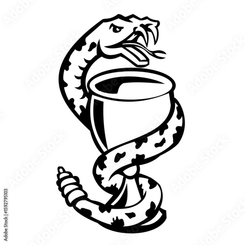 Mascot illustration of a serpent, viper or snake entwined around a chalice, cup or Bowl of Hygieia viewed from front on isolated background in black and white retro style.