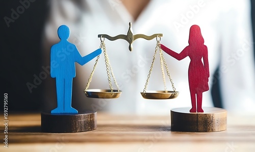 
The family lawyer shares the figure of a man and a woman on scales. The concept of divorce and the division of property. Solving family disputes. Arbitration Services. Gender pay gap.