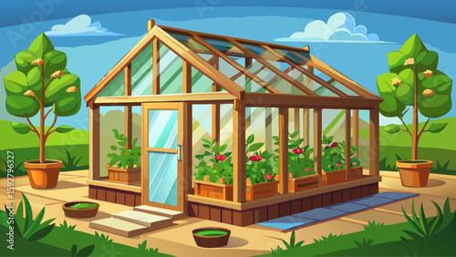 Small wooden greenhouse in backyard with glass panels and green seedlings growing inside