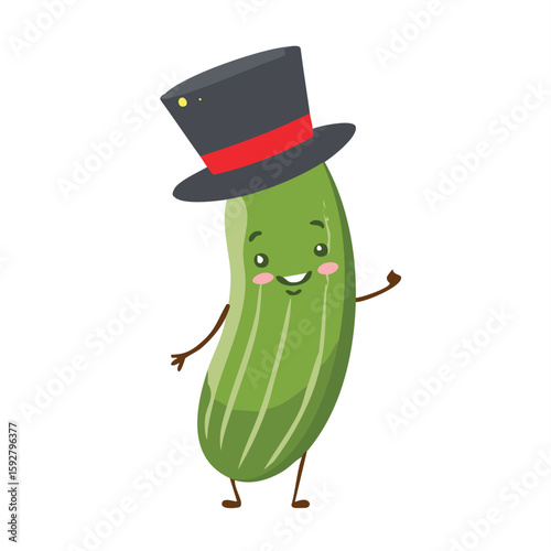 Cute pickle with a top hat flat vector