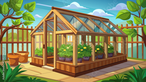 Small wooden greenhouse in backyard with glass panels and green seedlings growing inside