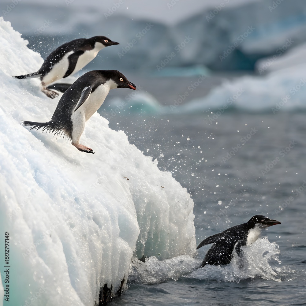 Fototapeta premium Adelie Penguin, pygoscelis adeliae, Group Leaping into Ocean, Paulet Island in Antarctica