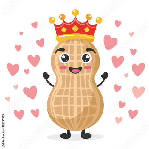 Cute king peanut with crown flat vector