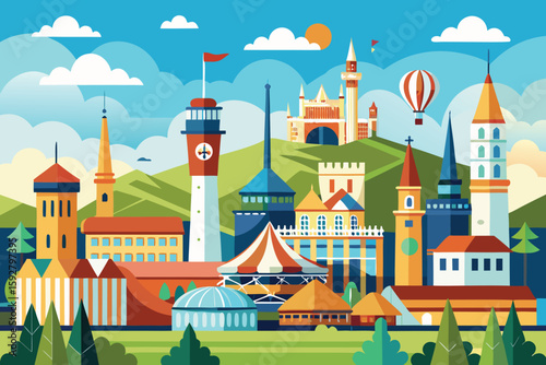A whimsical vector illustration depicting a cartoon townscape with charming houses, a grand castle, and a towering church amidst a vibrant urban summer sky