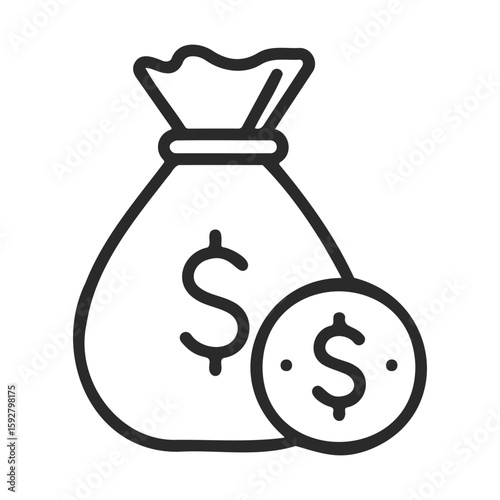 Minimalist money bag and coin line art symbolizing wealth and savings