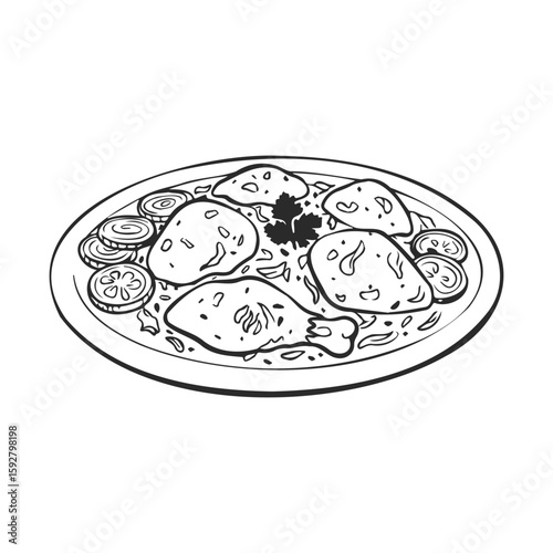 Hand-drawn chicken biryani on plate with veggies