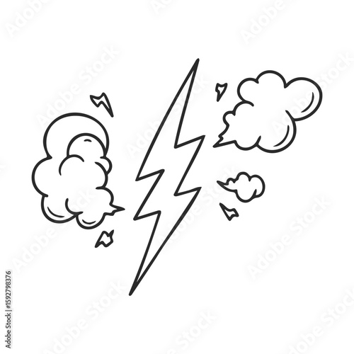 Cartoon lightning bolt and clouds with hand-drawn style