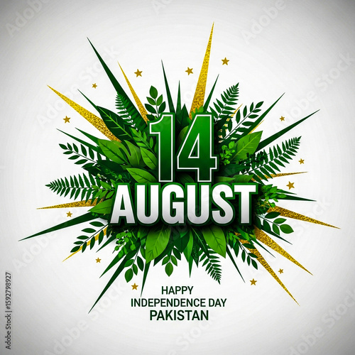 A vibrant graphic design celebrates pakistans independence day on august 14th with lush green leaves, golden bursts, and stars