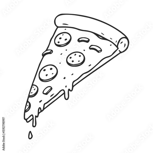 Hand-drawn pepperoni pizza slice with melting cheese in black and white sketch