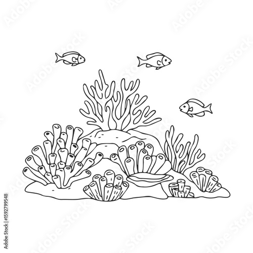 Underwater scene with coral reefs and swimming fish