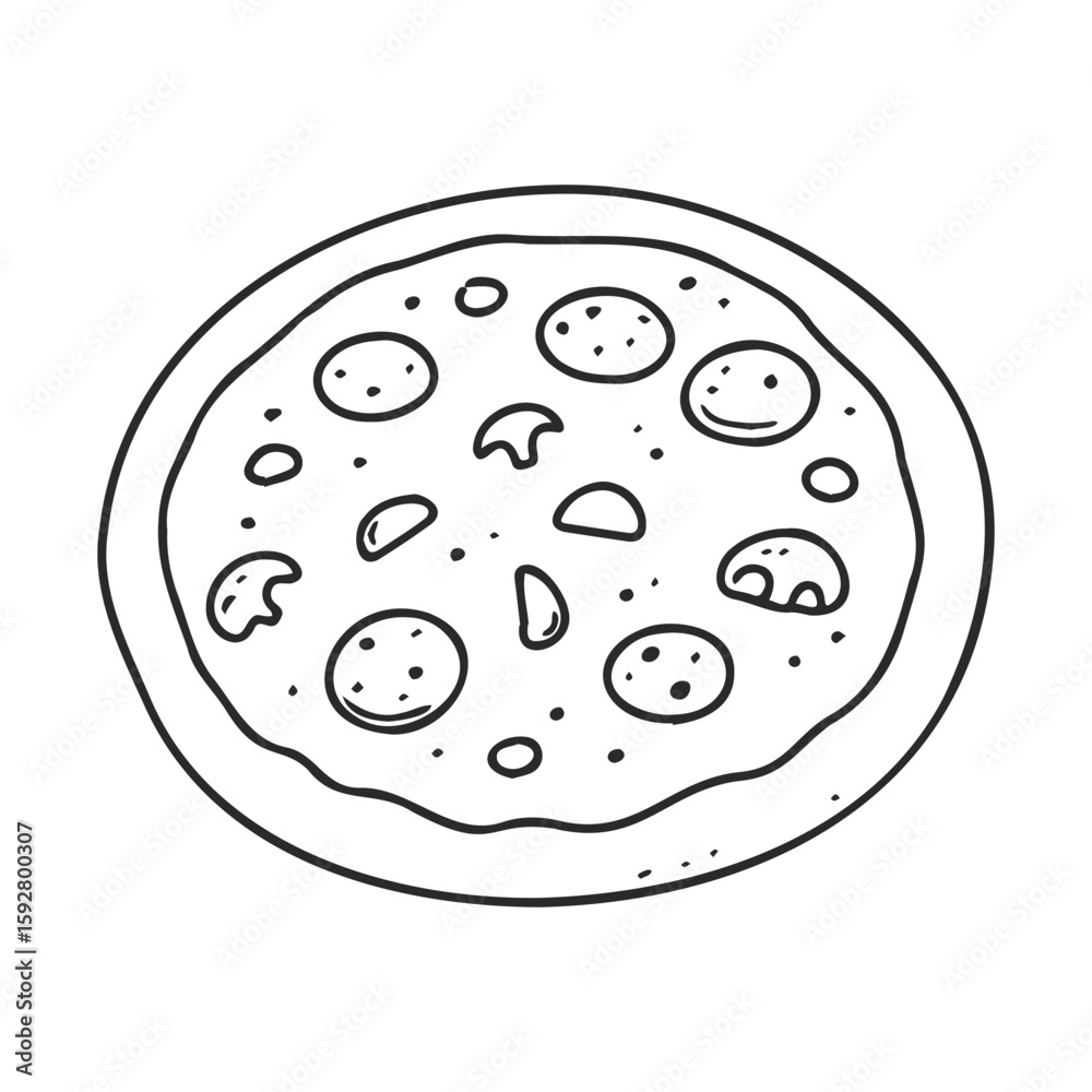 Fototapeta premium Black and white drawing of a pizza with mushrooms and pepperoni