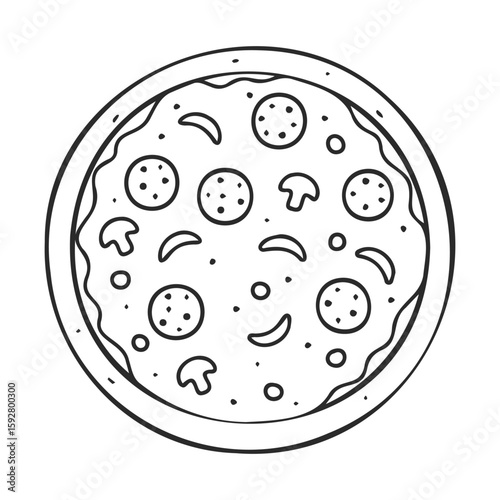 Black and white lingonberry pizza illustration with salami and mushrooms