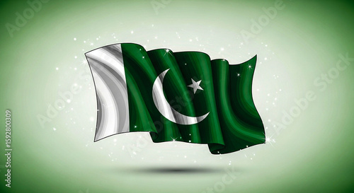The national flag of pakistan elegantly waving in the wind with a subtle sparkle effect against a soft green gradient background