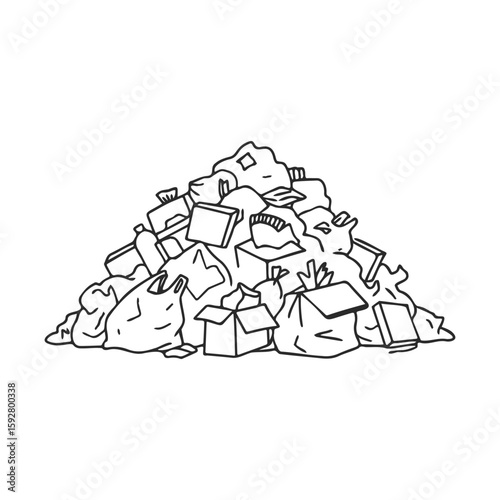 Line drawing of a large pile of garbage featuring cardboard boxes and plastic bags