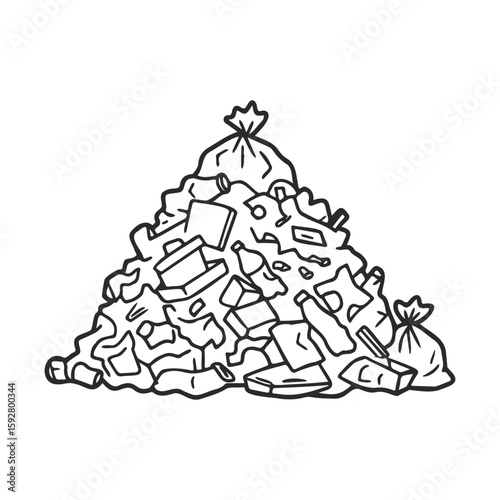 Pile of garbage bags and debris in black and white line art