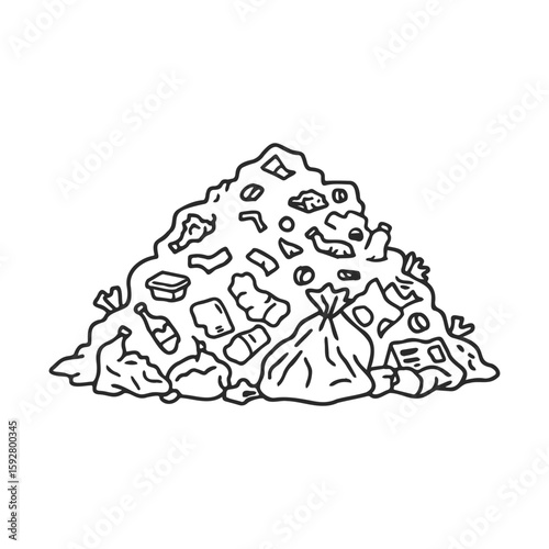 Outline of a pile of mixed waste with bottles, bags, and boxes