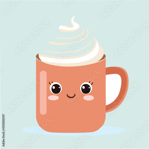 Cute mug with whipped cream hair flat vector