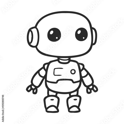 Cute cartoon robot with big eyes and rounded features in black and white