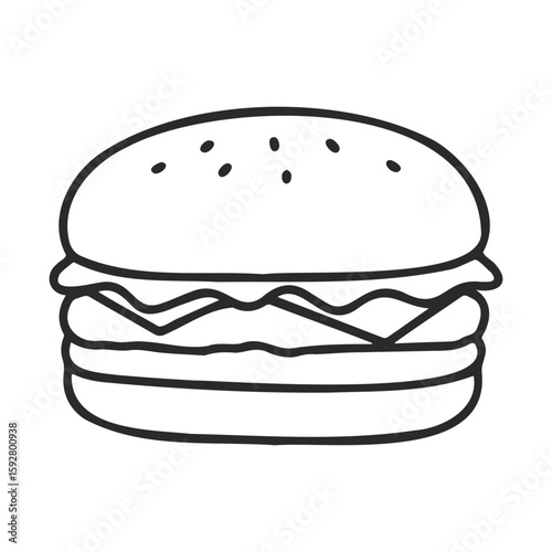 Black and white outline of a classic cheeseburger with lettuce and cheese