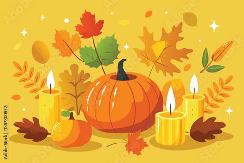 Orange pumpkins and autumn leaves decorate for Halloween, Thanksgiving, and the fall harvest season