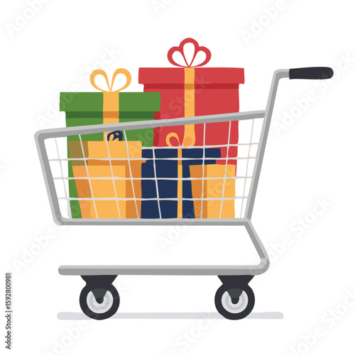 Cute trolley carrying gifts flat vector
