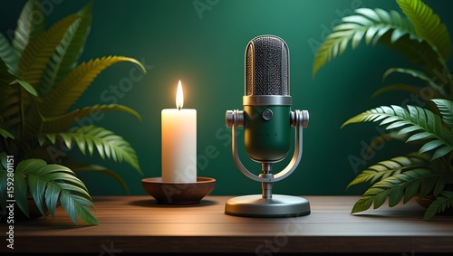Vintage Microphone, Candle, and Lush Greenery Still Life