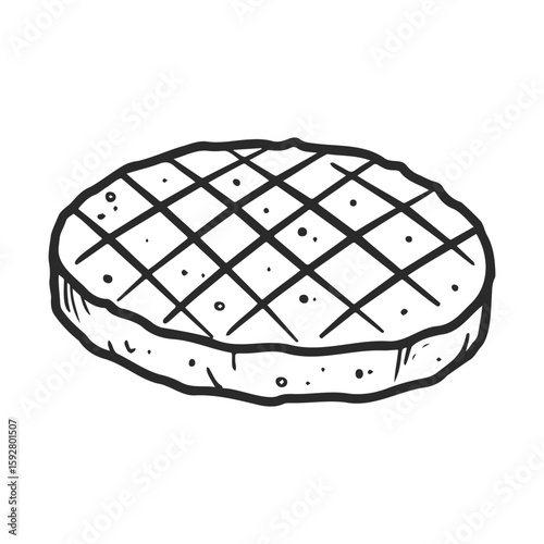 Hand-drawn grilled burger patty with crosshatch marks for cooking