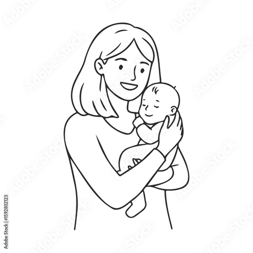 Smiling young caucasian female holding baby in arms line art drawing