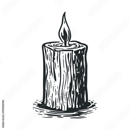 Rustic candle with flame on wooden base for relaxation and ambiance