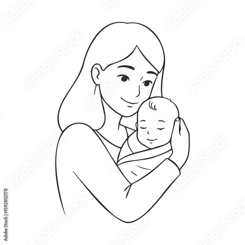Caucasian female holding swaddled baby in line art drawing