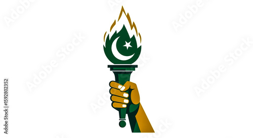 A hand holds a torch with the pakistani flag colors and symbols, representing national pride and freedom