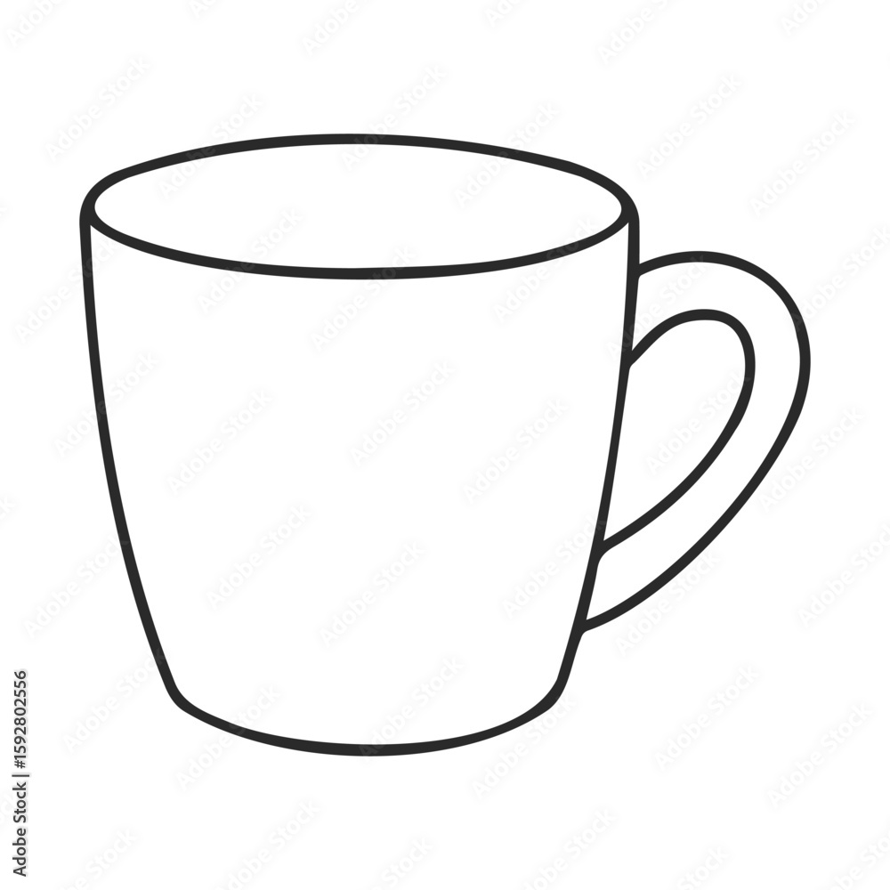 Simple black and white outline of a coffee mug with handle Simple black and white outline of a coffee mug with handle