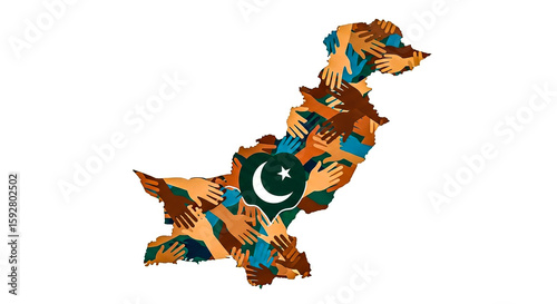 The map of pakistan is formed by diverse hands coming together, symbolizing national unity and collective strength