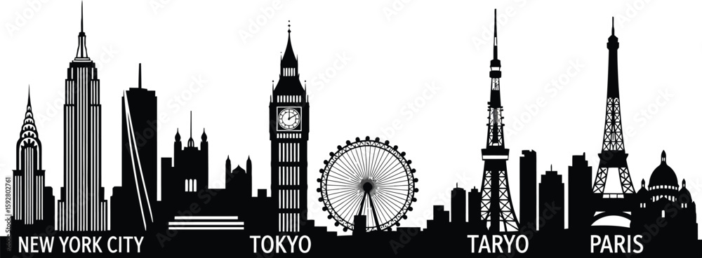 Obraz premium Stylized cityscape silhouette with iconic buildings and urban elements isolated on white background