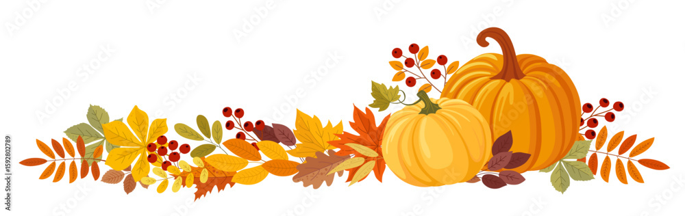 Naklejka premium Colorful autumn pumpkins, berries and forest leaves clipart. Seasonal harvest design for greeting or poster.