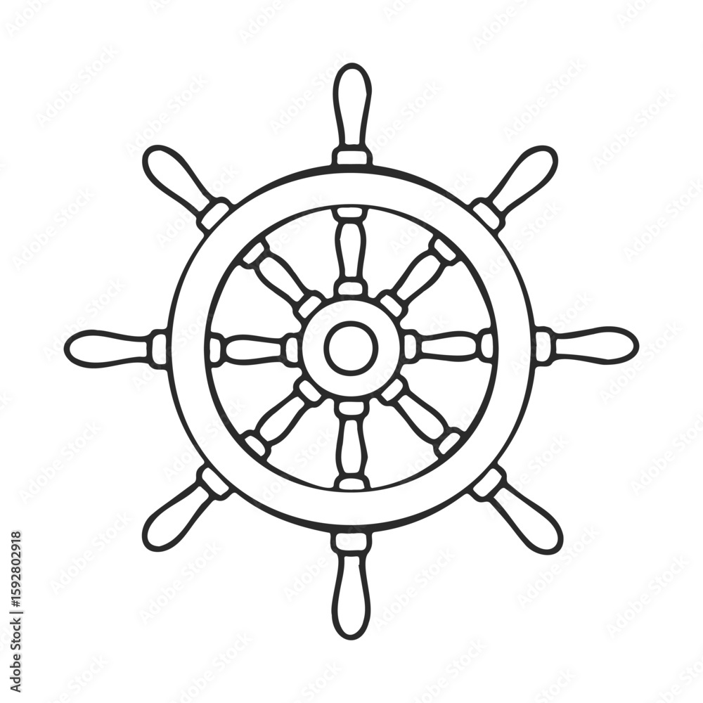 Fototapeta premium Vintage ship wheel sketch outline with nautical steering design