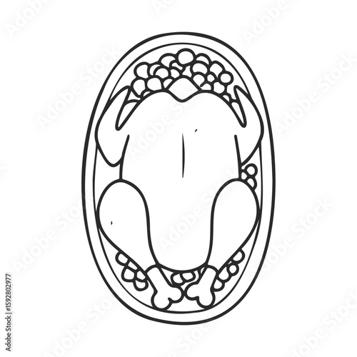 Rotisserie chicken on platter with vegetables in line art design